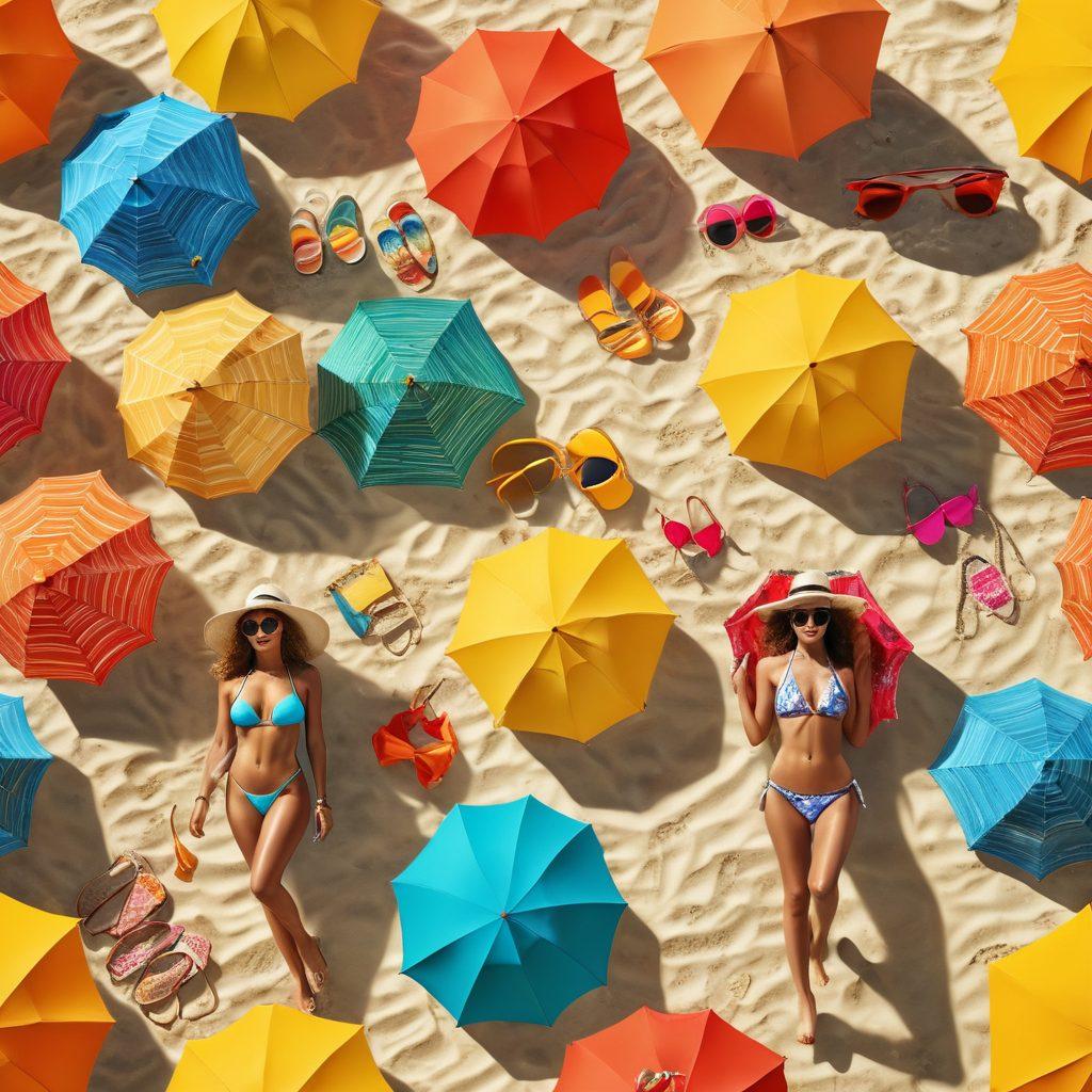 A vibrant beach scene featuring a diverse group of stylish individuals modeling trendy summer swimwear and bikinis. Include colorful umbrellas, soft golden sand, and crystal clear waves in the background. Emphasize a mix of patterns and styles that reflect the latest fashion trends. Add playful beach accessories like sunglasses and hats to enhance the fashion vibe. sunny and cheerful atmosphere. super-realistic. vibrant colors.