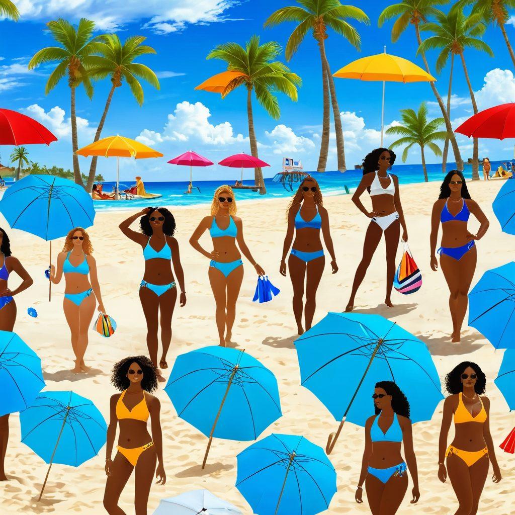 A fashionable scene at a sunny beach showcasing diverse women confidently wearing various stylish bikinis, each representing different trends and colors. In the background, beach umbrellas and palm trees sway gently, while others enjoy beach activities like volleyball and sunbathing. The sky is a vibrant blue, filled with fluffy white clouds, adding a cheerful atmosphere. super-realistic. vibrant colors. summer theme.
